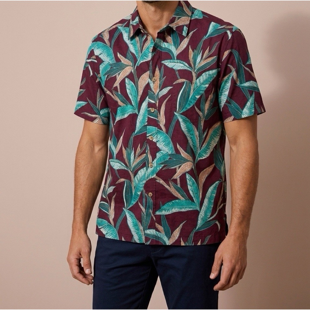 Cooke Street Button Up Mens S Red  Tropical Leaf Hawaiian Short Sleeve Shirt